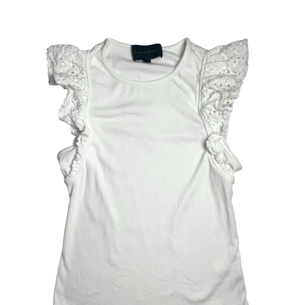 Sunday in Brooklyn White Ribbed Eyelet Flutter Sleeve Top Small Anthropologie